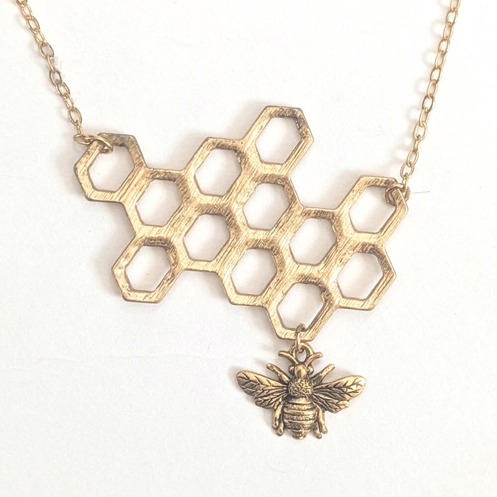 Bee honeycomb long pendent necklace gold tone